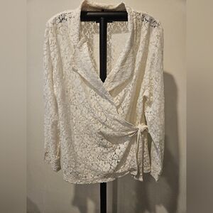 DENNIS BY DENNIS BASSO WOMEN'S IVORY LACE WRAP SIDE TIE BLOUSE SIZE LARGE